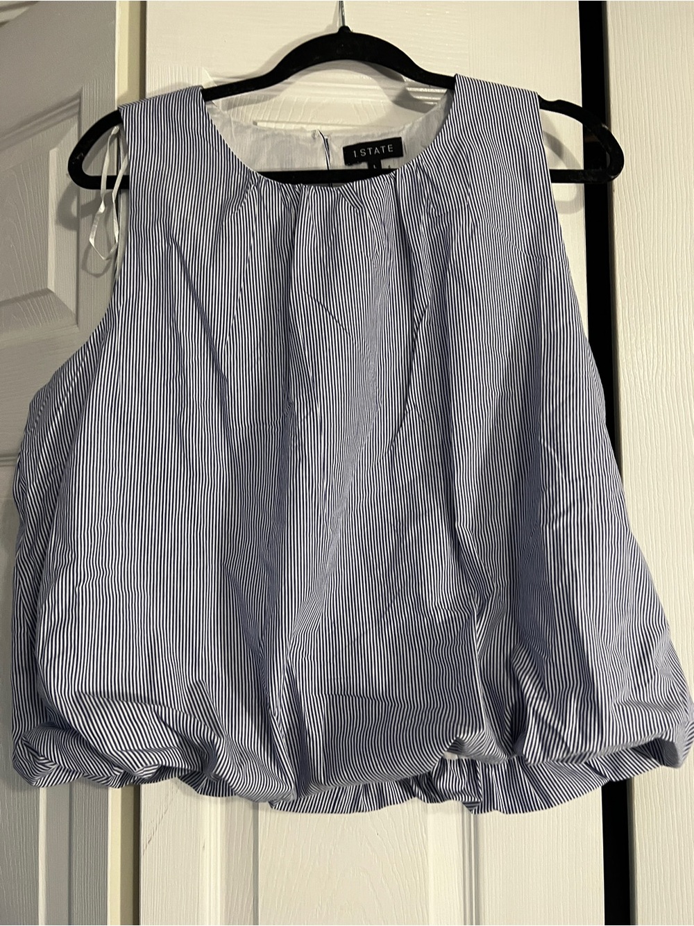 1. State Blue and White Pinstripe Sleeveless Bubble Hem Tank